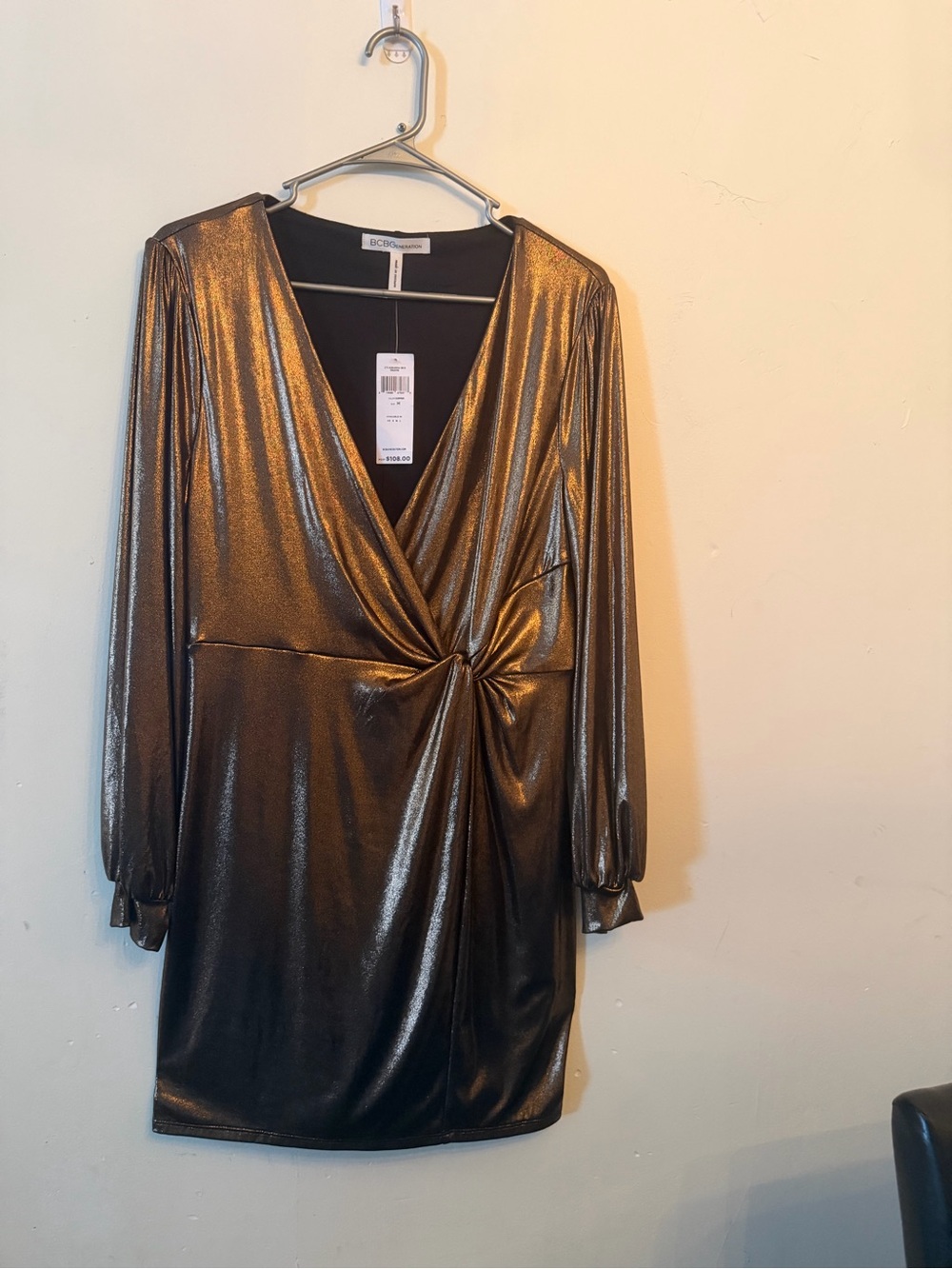 BCBGeneration Metallic Gold Long-Sleeve Wrap Mini Dress